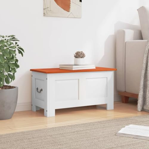Homgoday Kista med lock, träkista, förvaringsbox, förvaringslåda, leksakslåda med förvaringsutrymme för hall, vardagsrum, brunt och vitt, massivt trä, akacia 70 x 35 x 37 cm
