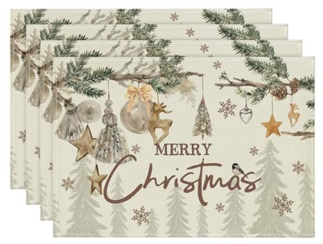 Artoid Mode Bäume Hirsche Kugel Merry Christmas Weihnachten Platzsets 4er Set, 30x45cm Winter Tischset Waschbar Platzdeckchen Küche Party Deko