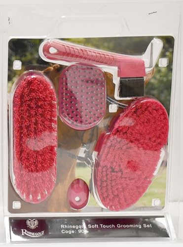 Rhinegold Soft Touch Pferdepflegebürsten-Set, Pink - Flexible Körperbürste, Mähnen- & Schweifbürste, Dandy-Bürste & Hufkratzer - Komfortabler Griff für Pferdepflege & Fellglanz