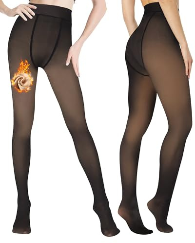EOAMGO Medias con forro polar para mujer, medias translúcidas falsas de 220 g, medias térmicas cálidas y gruesas para invierno (FR/ES, Letras, S, Regular, Regular, Negro)