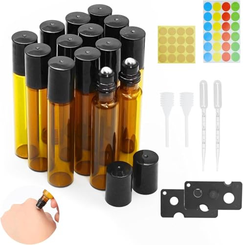 14 Pcs Roll On Huile Essentielle Vide Bouteil,10ml Brun Verre Flacon Roller | Flacon Roll On Vide Rechargeable, Avec Bille en Acier Inoxydable pour Parfums, Aromathérapie, Massage, Voyage