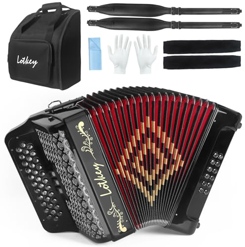 Lotkey Diatonisches Akkordeon mit 34 Tasten, 3412 mehrfarbige Zelluloid-Akkordeons, lauter, klarer als Kunststoff, für Erwachsene, Anfänger, Profi mit aktualisierter Tasche, Riemen, Acordeón