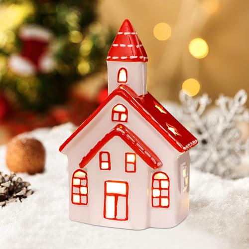 Teelichthaus Keramik,Weihnachtsdeko Lichthäuser Lichterhaus aus Porzellan,Weihnachtshaus Beleuchtet mit LED Licht,Lichthaus Weiss Teelicht Haus Weihnachtsdorf Teelichthalter für Weihnachten Deko (C)
