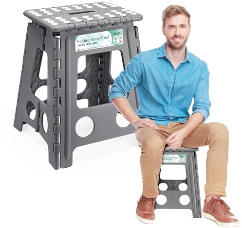 Heimwohl Tritthocker Klappbar 40 cm Grau, 2025 Upgrade: Klapphocker Faltbar mit 150 kg Tragfähigkeit, Falthocker mit Drehgriff, Ideal für Zuhause, Büro, Draußen, Aufstiegshilfe Pferd