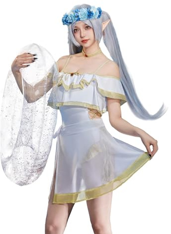 Haikyuu Einteiliger Badeanzug für Damen, Cosplay, Fee, Chiffon, Wickelrock, Rüschen, Anime, Rave, Badeanzug, Weiss/opulenter Garten, XL
