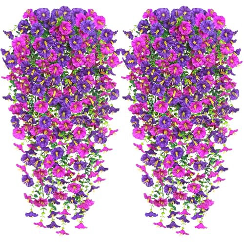 Weldomcor 2 flores artificiales colgantes largas artificiales de gloria de la mañana, color morado, fucsia, resistentes a los rayos UV, plantas colgantes artificiales, cesta de glicinia artificial