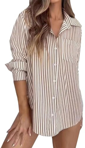 Uwdiohq Chemise Femme à Rayures Col à Revers Manches Longues Boutonnées avec Poche Chemise Femme Chic et Élégante Haut Polyvalent pour Tenue Décontractée ou Professionnelle