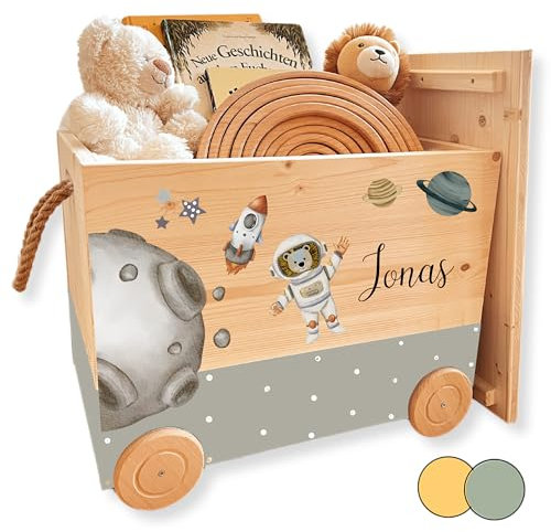 EmiliaLotte Personalisierte Spielzeugkiste mit Deckel aus Holz I Montessori Spielzeug Holzkiste mit Rollen zum Ziehen I Erinnerungskiste mit Wunschname - Weltall