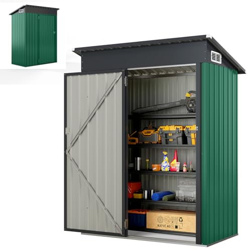HOMASIS Capanno da Giardino in Metallo con Tetto a Falda e 2 Finestre, Casetta da Esterno con 2 Paia di Guanti, Ripostiglio da Giardino Resistente alle Intemperie, 150 x 90,5 x 185 cm (Verde)