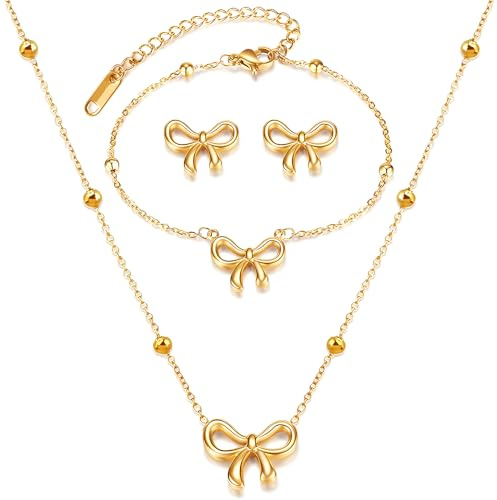 XFSRG Schmuckset mit Schleifen Halskette, Armband und Ohrringe im eleganten Design, hochwertiges Material, angenehm zu tragen, perfekt für Alltag, Party, Hochzeit und als Geschenk