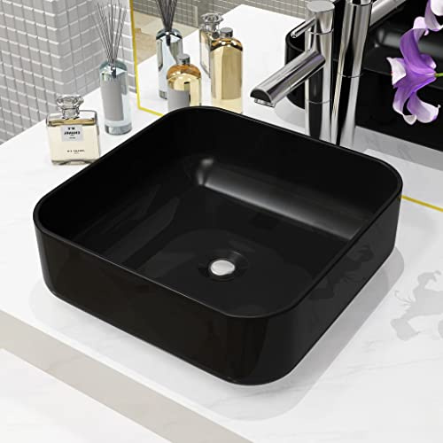 Lavabo Carré with Céramique Émaillée, Design Moderne, Vasque à Poser Salle de Bain, Lavabo Salle de Bain, Meuble Vasque Salle de Bain, Lave Main, Noir, 38 x 38 x 13.5 cm