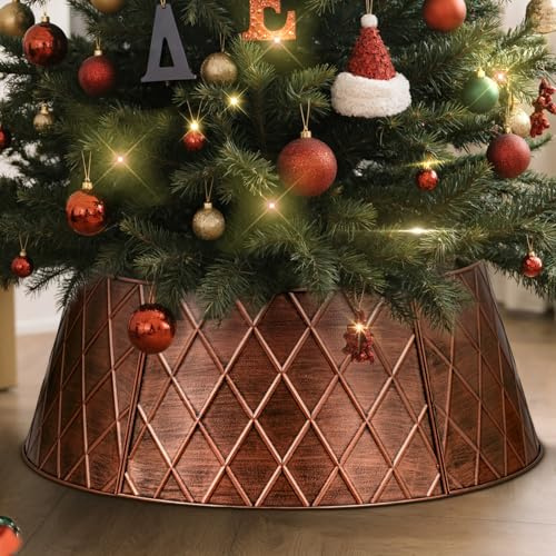 Lanpn Metall Weihnachtsbaum Kragen 60cm, Weihnachtsbaum Halsband Christmas Tree Collar Für Klein Mini S Wetterfest Für Kunstbäume Innen Außen - Weihnachtsdekoration (Kupfer, Raute)