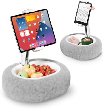 Viozon Kindle Holder, Tablet Pillow Stand, Compatible with 4-13 Tablet/Phone with Snack Bowl, Adjustable, Foldable, Kindle Accessories, Idea for Reading in Bed & Watching Video, Gray