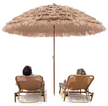 CAFIEDR Ombrellone da Spiaggia in Paglia, ombrellone da Esterno Hawaiano con inclinazione a Pulsante, Protezione UV, ombrellone Tropicale Portatile per terrazza, Cortile, Piscina(300cm/9.8ft)