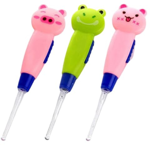 Herramienta de limpieza de oídos, eliminación de cera para los oídos de 3 piezas para niños con limpiador de dibujos animados de luz despeguible con luz LED con para facilitar el acceso, 6x3in