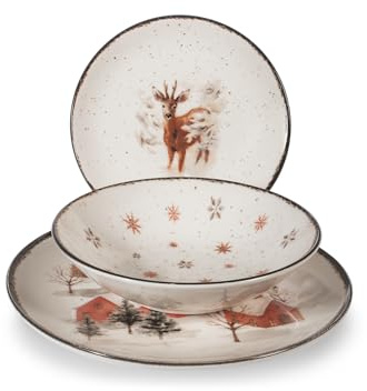 H&H Service de Table Noël 18 Pièces Fairytale Charm en Grès - Assiettes Plates, Creuses et à Dessert - Illustrations Élégantes Inspirées des Paysages Hivernaux et des Animaux de la Forêt