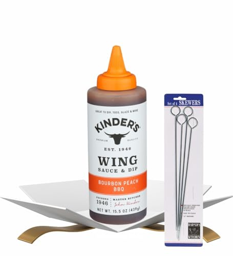 Bourbon Peach BBQ Wing Sauce 15.5 oz Bundle with Barbecue Skewers — Rib Glaze Sweet and Smoky Glaze for Grilling, Roasting, and Marinating — Gift Set (2 Items)