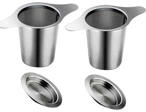 Filtro de Te para Taza Colador de Té de Acero Inoxidable, 2 Piezas, con Tapa Filtro Infusor Te con 2 Asas, Coladores de té para té suelto, Reutilizable, se Adapta a Varios Tamaños de Tazas y Teteras