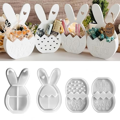 WIKIMO 4 Stück Silikonformen Gießformen Ostern für Kleiner Blumenkorb-Hase Gießformen Silikonform Ostern Frühling für DIY Osterdeko Handwerk, Geldgeschenk, Ornament (Stil A)