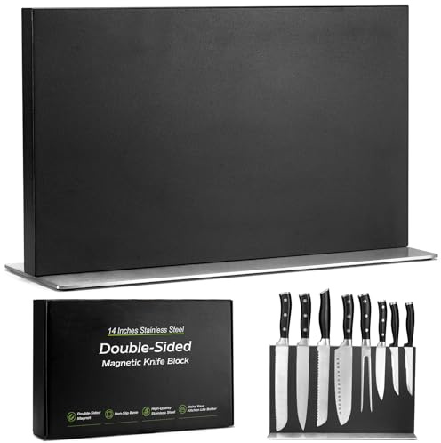 ENOKING Grand Porte Couteaux Aimanté, Double Face Bloc Support Couteaux Aimanté, Porte Couteau Aimanté en Acier Inoxydable, Range Couteaux de Cuisine sûr et peu Encombrant（35cm,Noir）