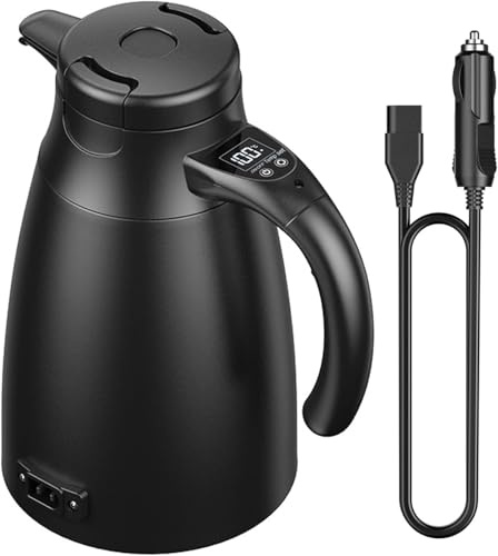 12V/24V Reise Wasserkocher Auto: 1,2 Liter Edelstahl Elektrischer Mobiler Reisewasserkocher mit Zigarettenanzünder Bis zu 100℃ mit LCD-Anzeige für Heißwasser Kaffee Tee, Auto LKW KFZ Camping