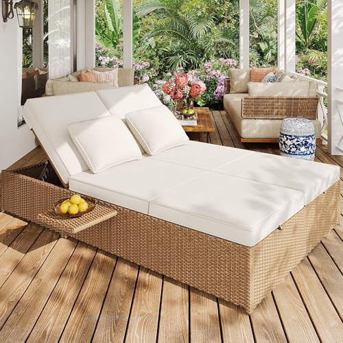 Lahoomu Outdoor Gartenliege Doppelbett, Rattan Liege, Rattansofa, das als Gartenmöbel im Freien verwendet Werden kann, für Lounges, Balkone, Wetterfest, Klappbar, mit Kissen, Weiß