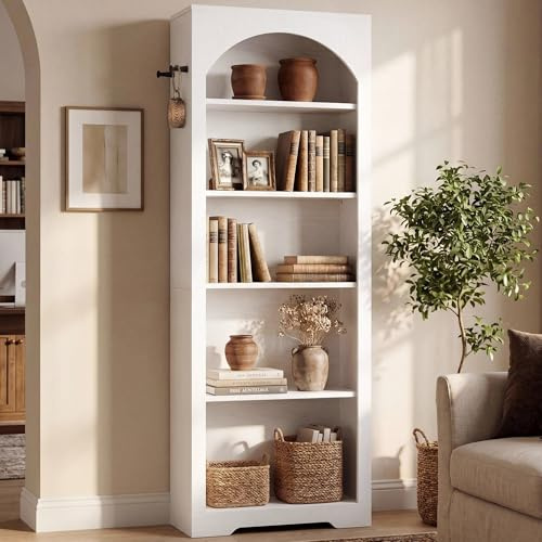 IRONCK Bücherregal 180 cm mit Rundbogen 5 Ebenen Wohnzimmer Weiß | Modernes Holz-Standregal, 2 Haken, Verstellbare Böden, Viel Stauraum, Offenes Design, Einfacher Aufbau, für Wohnzimmer