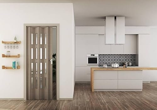 Forte Porta a Soffietto Luciana in PVC, Resistente agli urti, Riducibile, Kit completo di serratura, L88,5 x H214 cm, Effetto Legno Rovere Tortora con vetro satinato