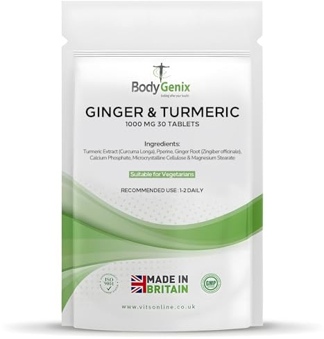 Bodygenix Ginger & Turmeric 1000mg Tablets - Antioxidant Anti-Inflammatory Healthy Skin Immune System Supplement - Vegan Friendly 30 Tablets, 1 Month Supply