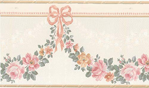 Dundee Deco BD6019 Frise de Papier Peint, Frise Murale, Bordure de papier peint précollé Motif floral beige, rose, vert fleurs dans guirlande, style rétro, 4,57 m x 13,34 cm