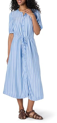 Amazon Essentials Women's Relaxed-Fit Half-Sleeve Breathable Button-Front Drawstring Waist Midi A-Line Dress with Pockets