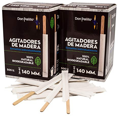 DON PALILLO - 1000 Einweg-Kaffeerührer aus Holz. Einzeln verpackt. 14 cm lang. Ideal für Kaffee, Cocktails, erfrischende Getränke