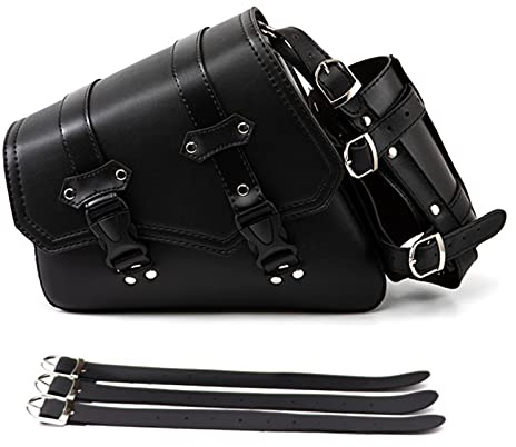 APEBAZY Motorrad Satteltaschen - Vintage Schwarz PU Leder Schwingentasche Seitentaschen Dreieckige Gepäck Werkzeugaufbewahrungstasche mit Wasserflaschen Getränkehalter - Linke Seite