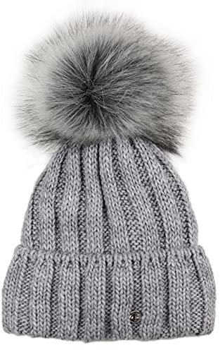 Ever Bloom Strickmütze Damen mit Kunstfell Bommel Abnehmbar, made in EU, Beanie Mütze Bommelmütze, Warme Wintermütze mit Thermo Fleece Innenfutter, Mütze Farben:Grau