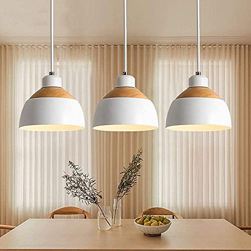 Pendelleuchte Vintage Holz Metall Weiss Pendellampe Industrie E27 Fassung 3-Flammig Hängeleuchte Höhenverstellbar Esstisch-Lampe für Esszimmer Küche Cafe Theke Innen Dekor Decken-Beleuchtung
