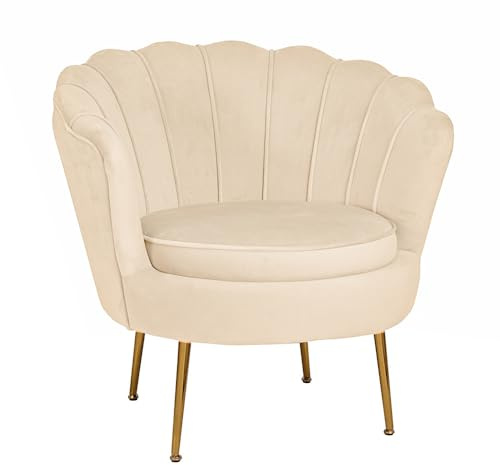 Liberoshopping Fauteuil en Tissu Velours avec Pieds en métal de Couleur Or, Dossier en Forme de Coquille au Design Moderne Fiore (Beige)