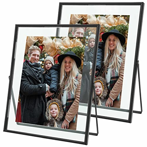 Qiannhee 8x10 Floating Frames Set of 2, Double Glass Desktop Picture Frames, Holds Multiple Photo Sizes, Photo Frame with Metal Stand