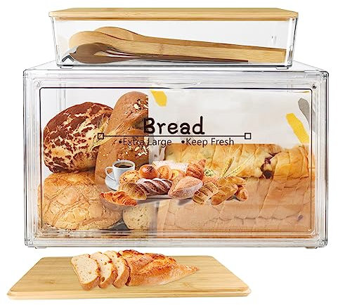 RISICULIS Large Bread Box for Kitchen Countertop, Bread Storage Container, and Utensil Organizer with Bamboo Cutting Board Lid, Clear Bread Bin, Bread Keeper for Homemade Bread, Bagel, Muffins, Rolls