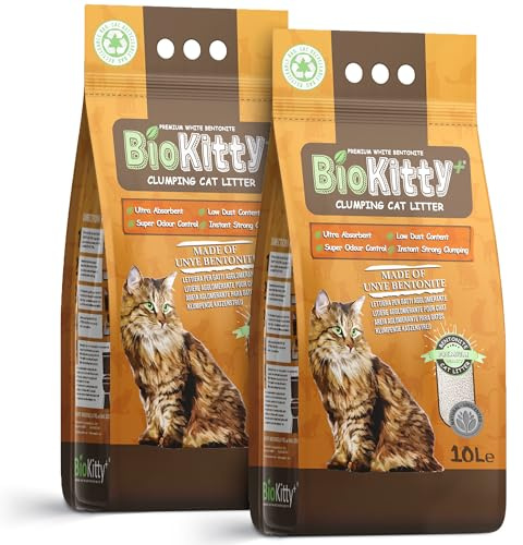 BioKitty Clumping Cat Litter, 20L Highly Absorbent Natural Bentonite Clay Cat Litter, Long Lasting Odour Control, Maximum Hygiene with Strong Clumping Litter (Unscented, Pack of 2)