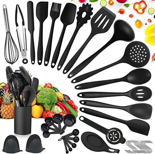 TAVADA Utensilios Cocina de Silicona Antiadherente, 49 Piezas, Resistente al Calor, sin BPA, 5 Cucharas Medidoras y 20 Ganchos (Negro)