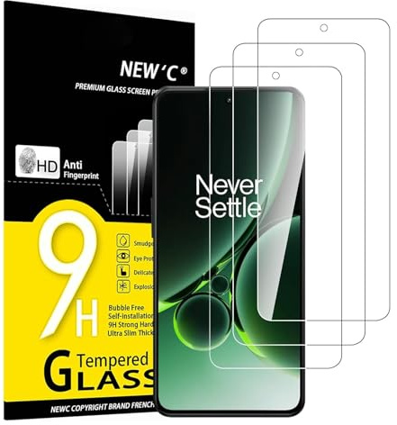NEW'C 3 Pack, skärmskydd i glas kompatibel med OnePlus Nord 3 5G, bubbelfri, 9H hårdhet, 0,33 mm ultratransparent, ultrabeständigt härdat glas