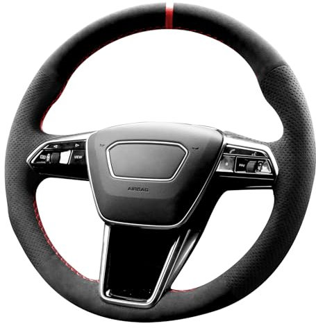 Alfanxi Alcantara Lenkradbezug, handgenäht, kompatibel mit Audi A6 A7 e-tron S6 S7 S8 mit Schaltpaddeln (rot gestreift)