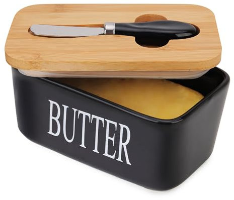 Chasechic Burriera in Ceramica, Portaburro con Coperchio in Legno e Coltello da Burro, Capacità del Porta Burro 500ml,Kitchen Grande Vassoio per burro,Nero