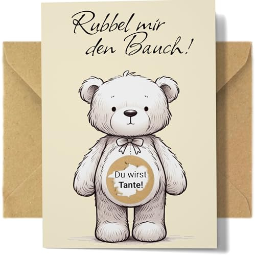 Du wirst Tante - Rubbelkarte zum Schwangerschaft Verkünden | Set mit Kraftpapier Umschlag, fertig mit goldenem Kratzfilm für Baby Ankündigung