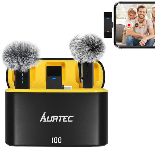 AURTEC Microfono lavalier wireless con custodia di ricarica per telefoni tipo C/USB C, set di 2, Plug & Play, portata 30 m, cancellazione del rumore e batteria grande