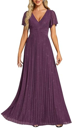 Ever-Pretty Robe de Soirée Femme Longue Manches Volantées Brillant Plissé Col V Taille Empire Chic Glycine Violette 38