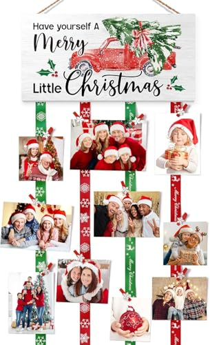 KAHEIGN Weihnachten Kartenhalter, 40cm x 120cm Holz Kartentafel Grußkartenhalter zum Aufhängen an die Wand, Weihnachtskarten-Displaytafel mit 30 Schneeflocken Fotoclips für Weihnachtsdekoration
