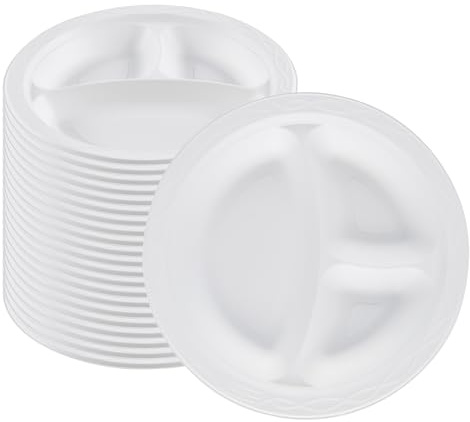 RW Base 9 Inch Microwavable Food Plates, 100 Round Plastic Plates - 3 Compartments, Disposable, White Plastic Dinner Plates, Serve Hot And Cold Foods, For Restaurants And Cafes - Restaurantware