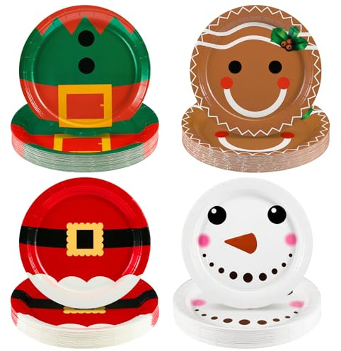 NatNarr 60 Pappteller Weihnachten, 22,9 Cm, Einweg Dessertteller | 4 Weihnachtsmotive, Dickes Papier Mit Beschichtung, Auslaufsicher, Für Desserts, Snacks, Weihnachts- Und Winterpartys