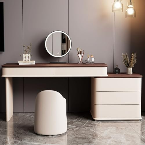 Make-up-Set aus Massivholz mit 3 farbigen Beleuchtungen, Spiegel, gepolstertem Hocker, 3 Schubladen und Beistellschrank, Schminktisch für Schlafzimmer (79,8 x 45 x 74,9 cm)